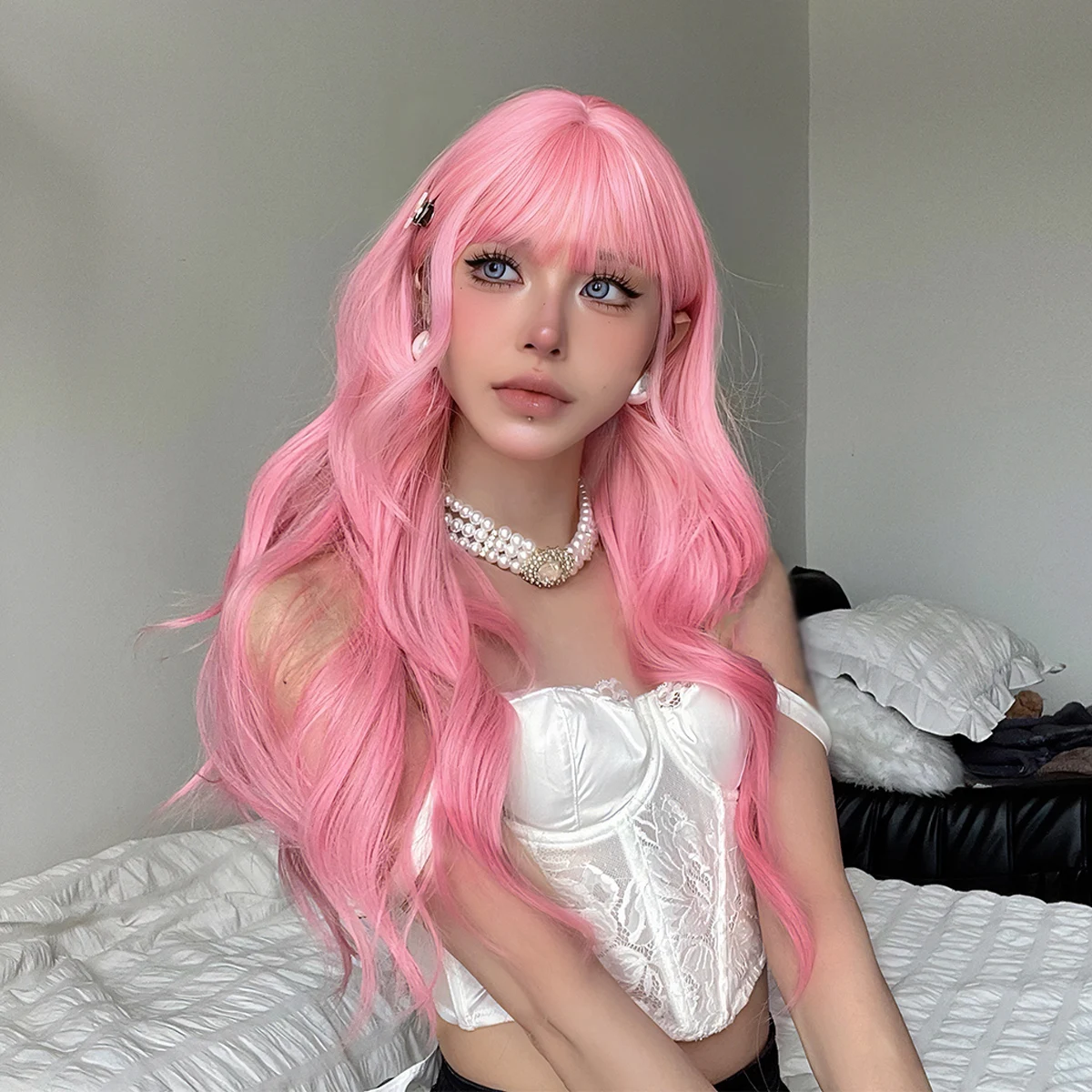 Rosa Cosplay Lolita Halloween Perücken langen Körper gewellte synthetische Perücke mit Pony für weiße Frauen Party Haar natürliche hitze beständig