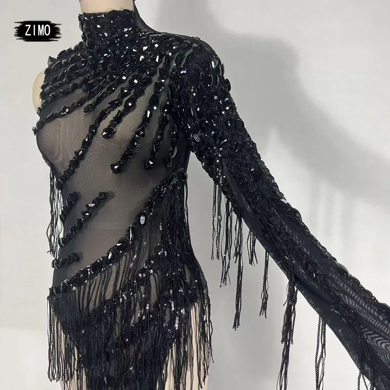 

new Sexy tassel crystal black dress tassel mesh pole dance performance party nightclub birthday DJ team outfits for womens