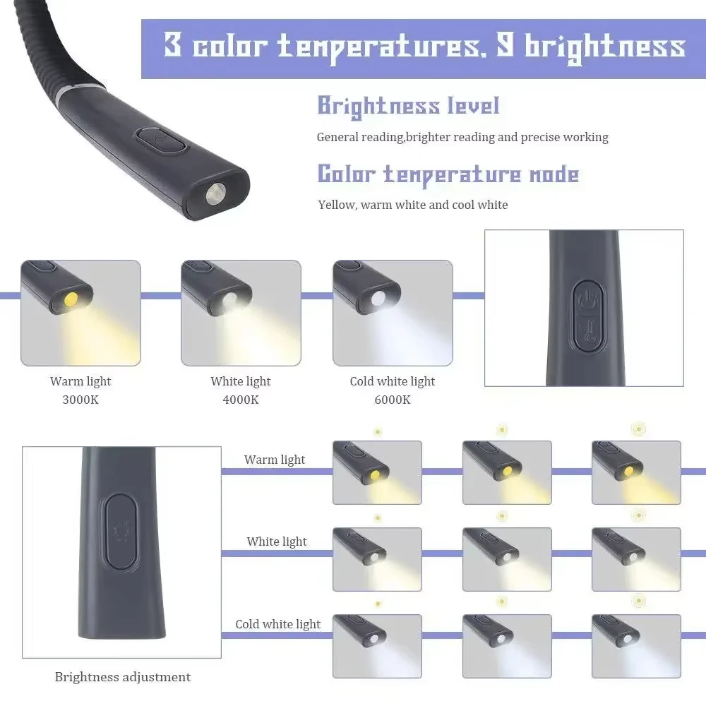 LED Neck Reading Lights Flexible Book Lamps 3 Colors Brightness Adjustable Rechargeable Portable USB Handsfree Book Lighting