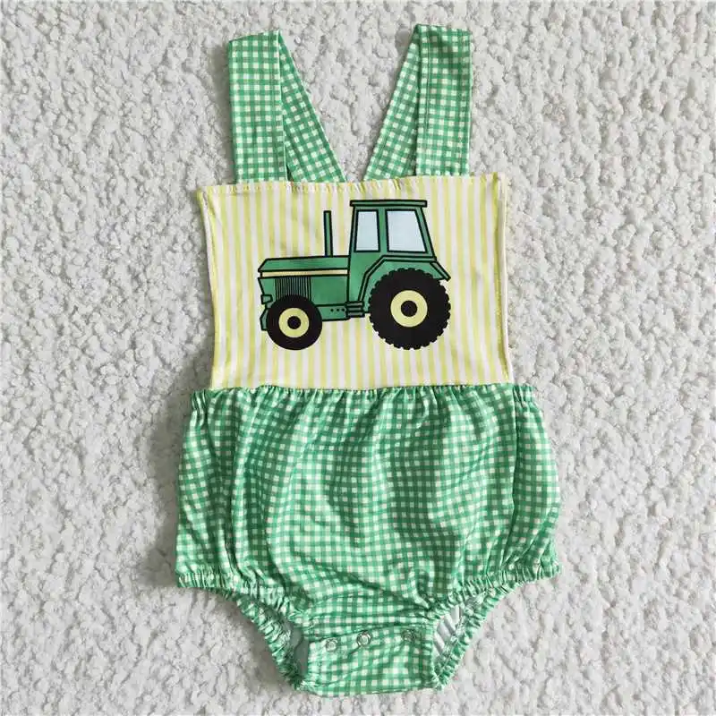 Baby Boy Farm Tractor Bubble Romper Summer New Clothing Green Plaid Jumpsuit Wholesale Kids Toddler Sleeveless One-piece Clothes