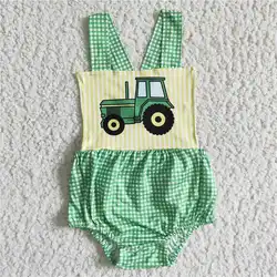 Pelele de burbujas de Tractor de granja para bebé, mono a cuadros verdes, ropa de una pieza sin mangas, venta al por mayor, novedad de verano