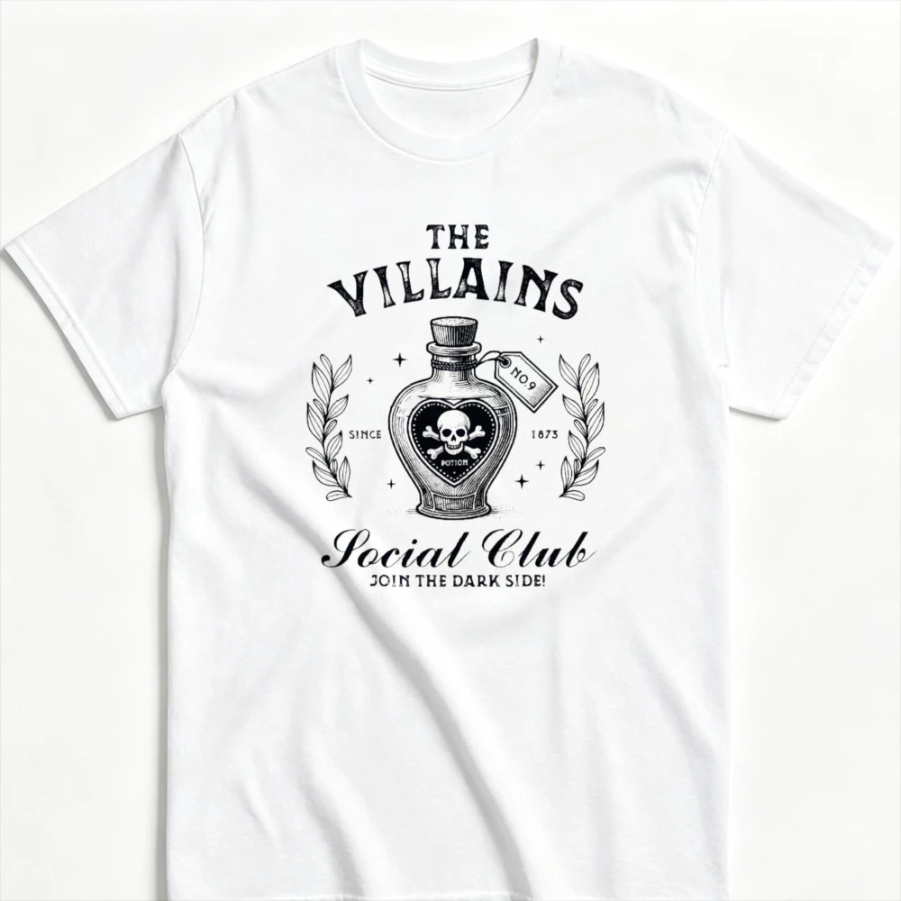 Halloween The Villains Social Club Graphic T‑Shirt Vintage Bottle Skull Crossbones Laurel Wreath Dark Gothic Spooky Streetwear