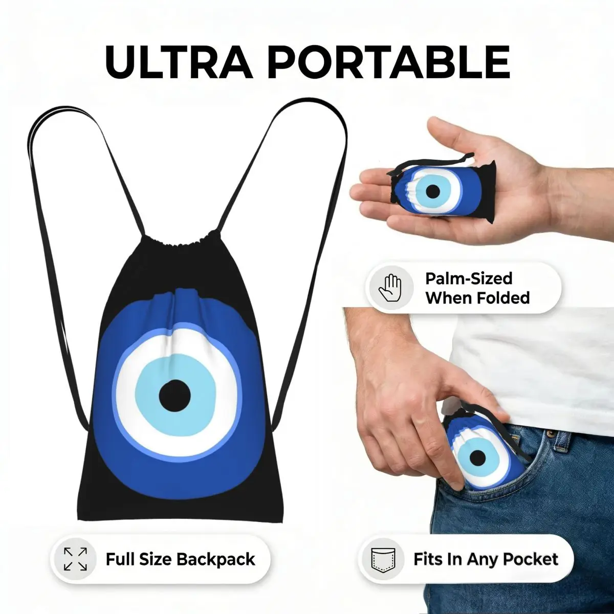Greek Turkish Evil Eye Drawstring Backpack hiking cycling Bag Lightweight Foldable Storage Drawstring Bag for Men Women