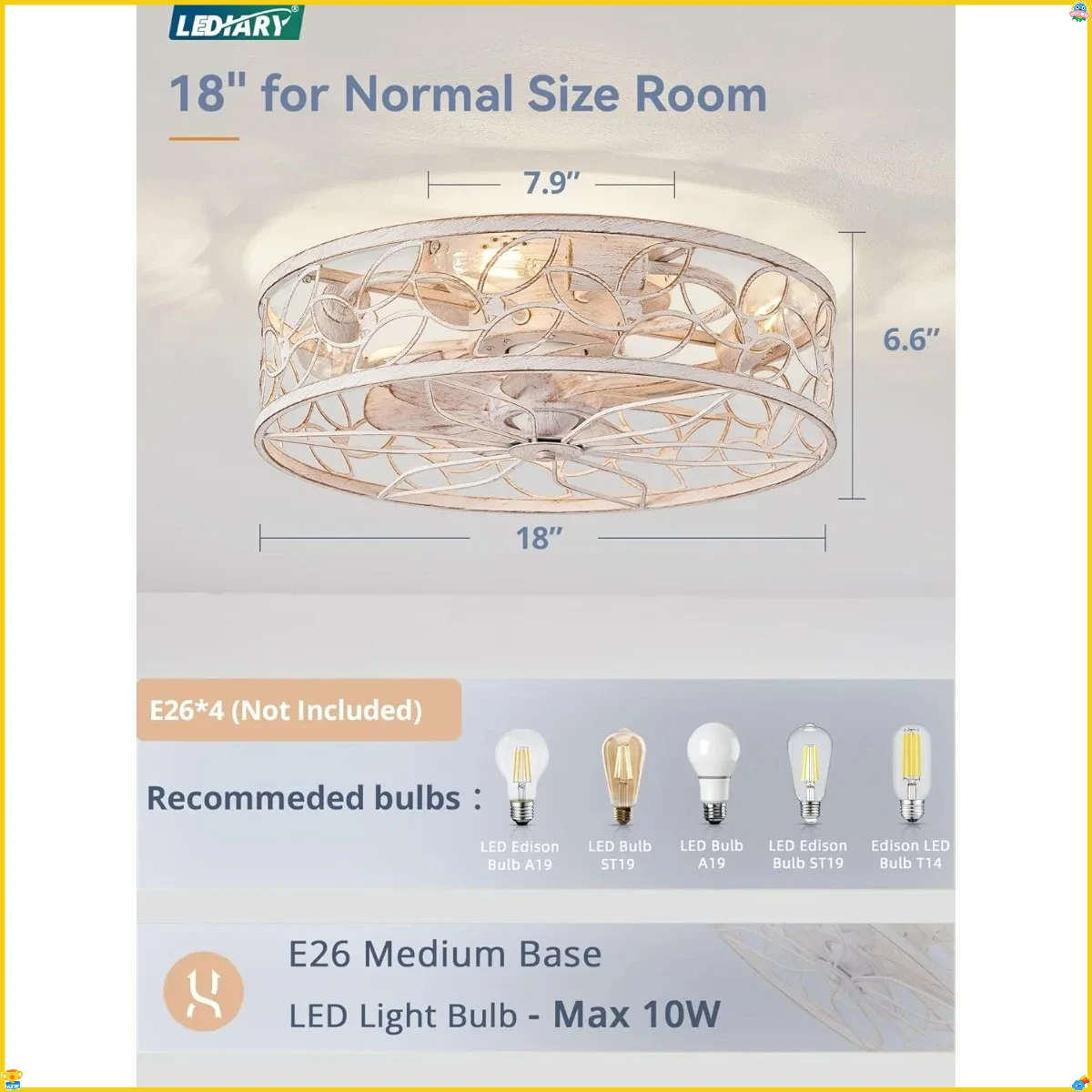 조명이 있는 케이지형 날개 없는 천장 선풍기, 플러시 마운트 저프로파일 리모컨 소형 화이트 팬 침실 주방 실내용