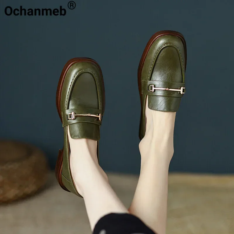 Ochanmeb Natural Leather Loafers Flat Shoes Women Brand Metal Chain Round Toe Slip-ons Flats Ladies Casual Creepers Moccasins 40