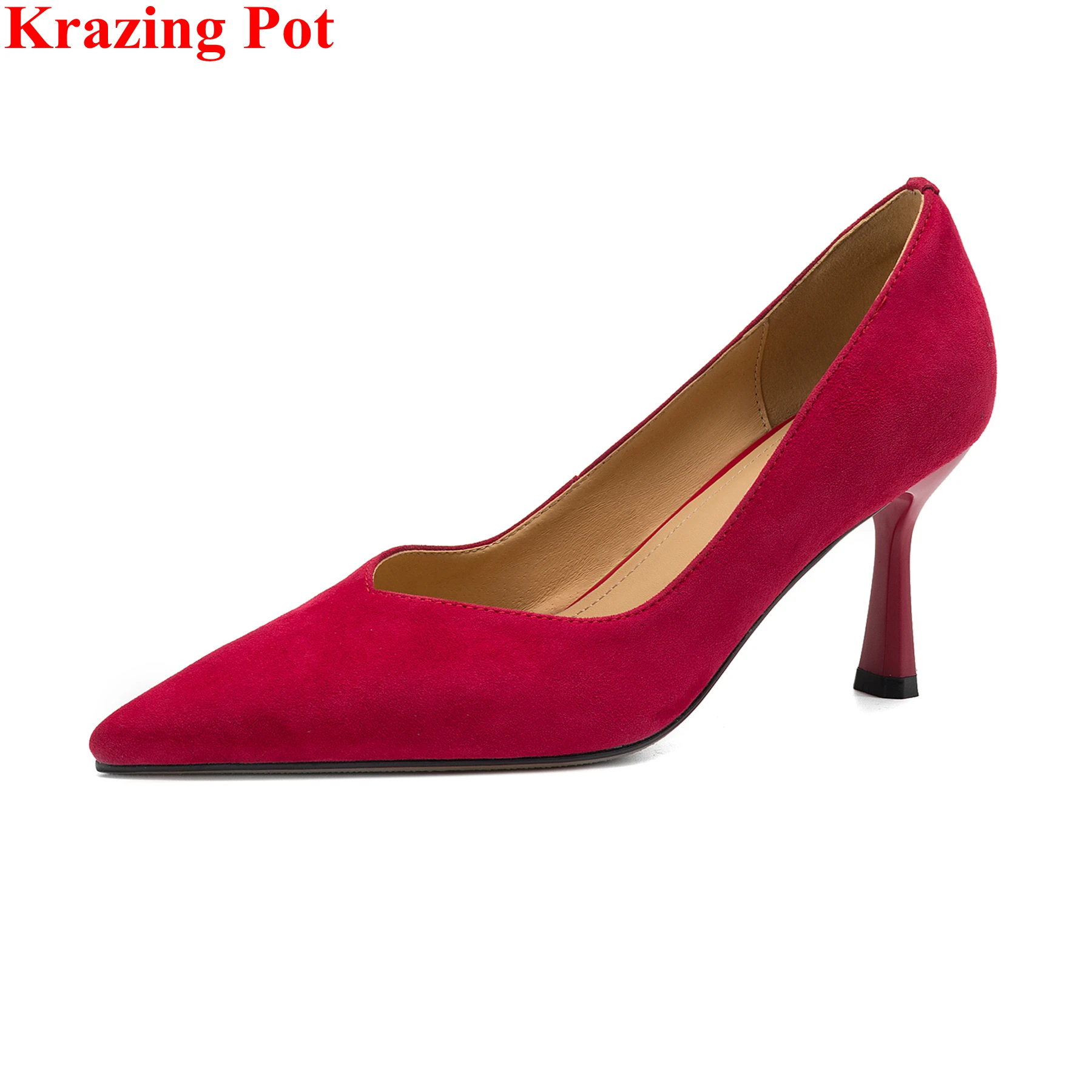

Krazing Pot kid suede Pointed Toe Thin High Heels Shallow Spring Autumn Shoes office Lady dating Wedding niIns Women Pumps