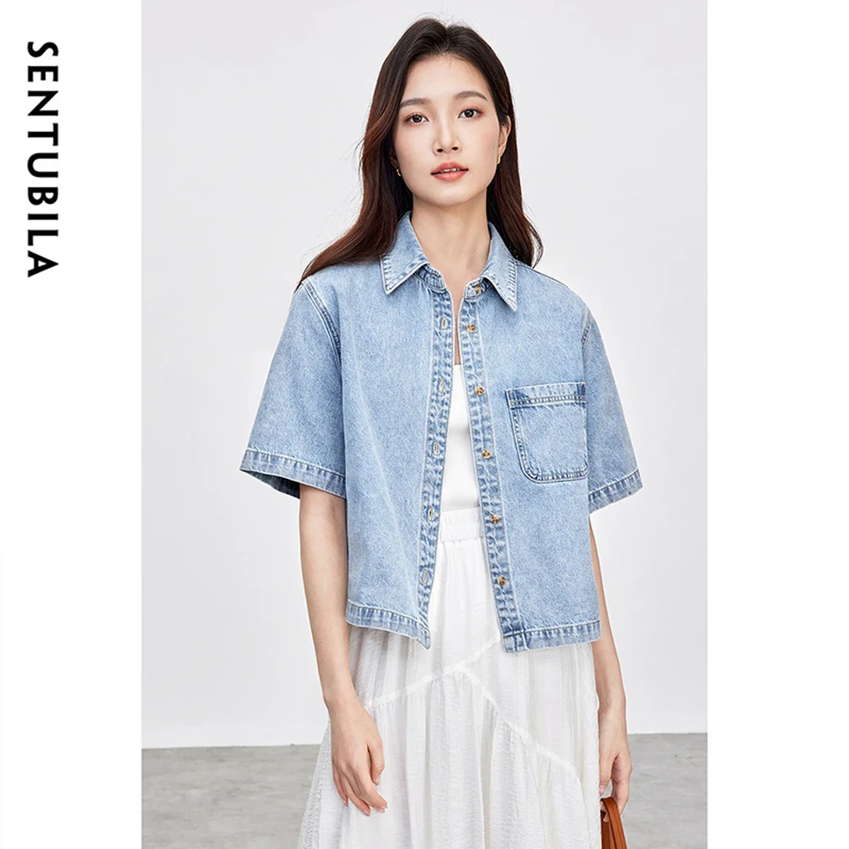 

SENTUBILA Women Summer Denim Shirt 2026 Streetwear Turn Down Collar Short Sleeve Button Up Shirt Tops for Woman W52W59416