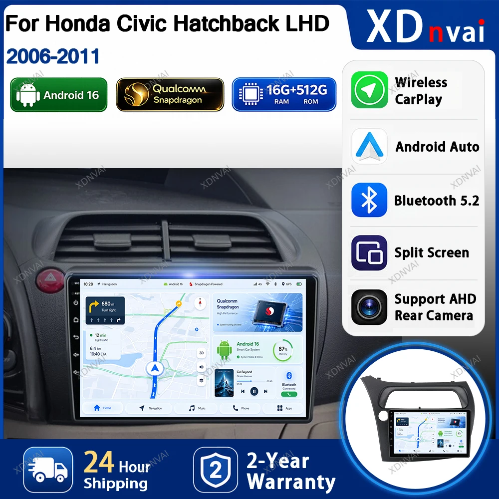 Android 16 Car Radio For Honda Civic Hatchback 2006 2007 2008 2009 2010 2011 Video Player Multimedia Carplay Head Unit Autoradio