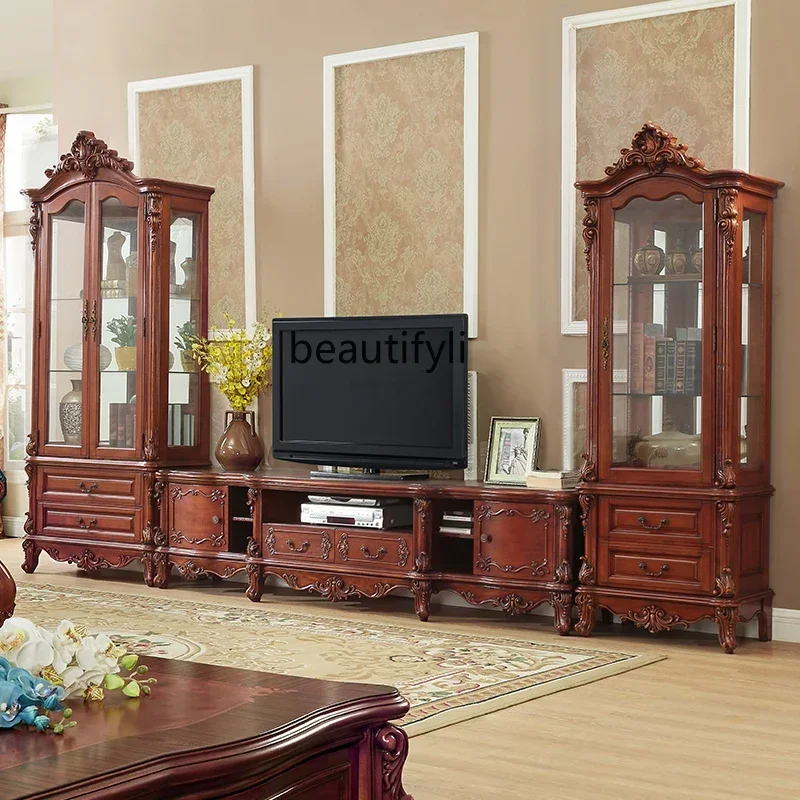 

zxqxzEuropean Solid Wood Single Door Wine Cabinet American Carved Two Doors Glass Cabinet Double Doors Display Storage Side Cabi