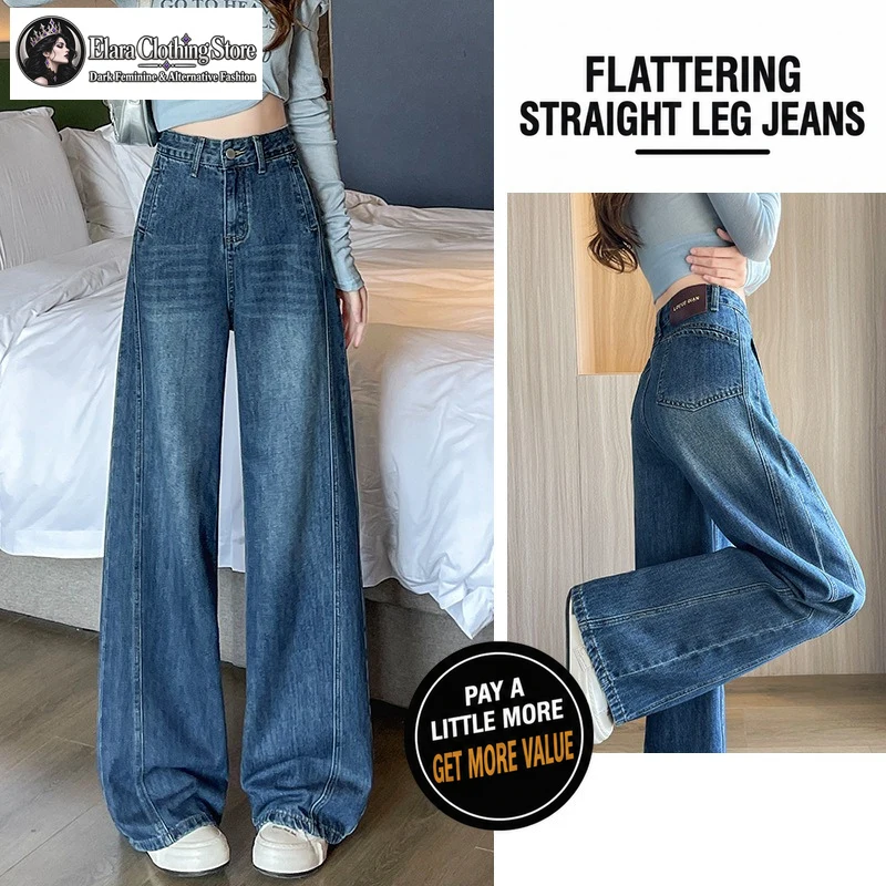 Y2K Vintage Blue Wide Leg Jeans for Women Autumn Style High Waist Loose Fit Petite Girls Floor Length Straight Pants Casual