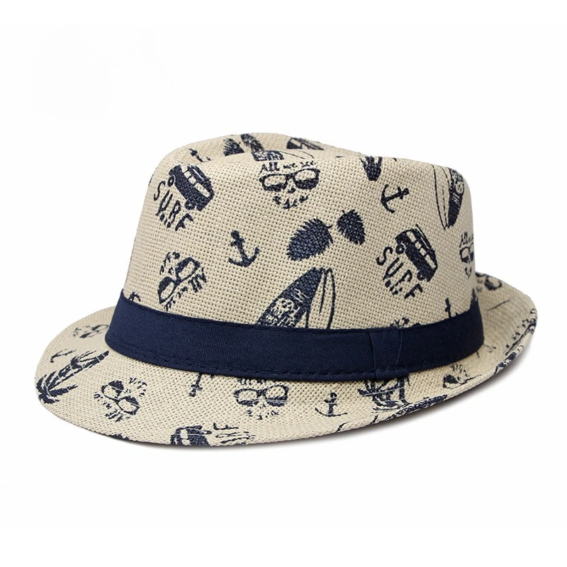 Соломенная шляпа для родителей и детей, песочная пляжная шляпа, детский топпер с мультяшным принтом, летние кепки с кленовым листом, китайский ресторан с принтом, джазовые кепки