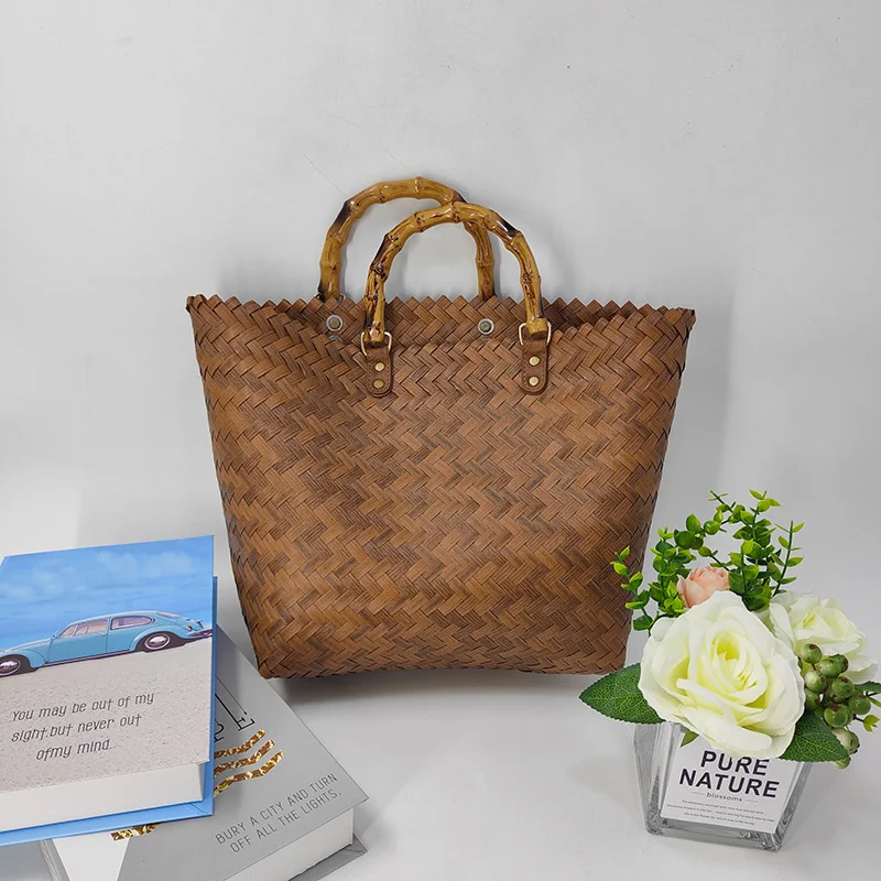 2023 New Vine Woven Bamboo Knot Handle Handheld Woven Bag French Basket High Capacity Beach Handmade Bag