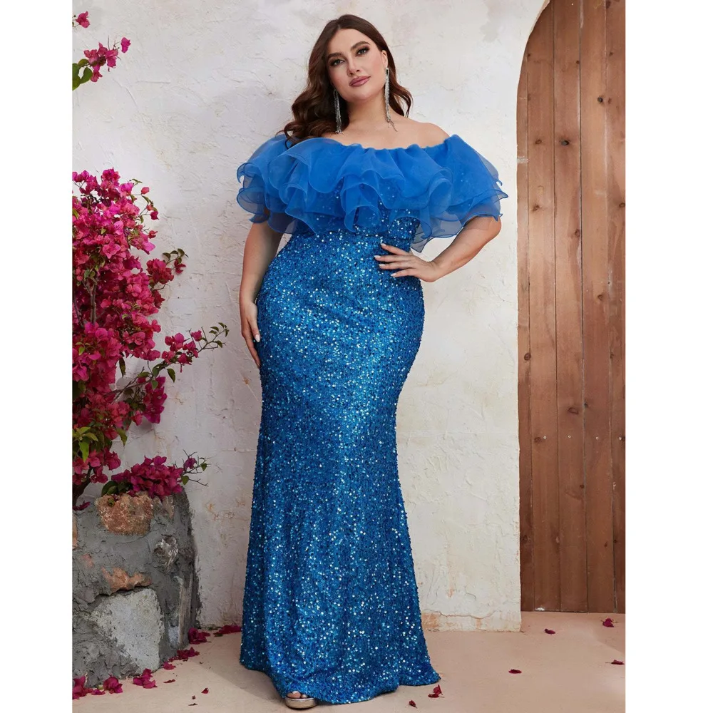 

Women Party Dresses New Fashion Strapless Mesh Splicing Elegant Sequin Wedding Dresses Large Size Female Evening Long Dress