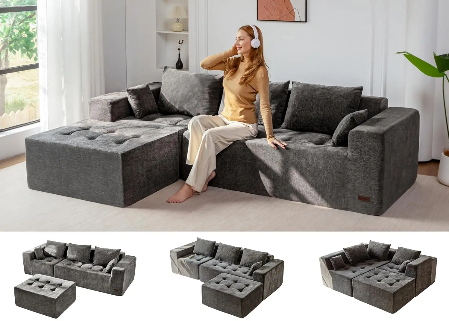 L Shaped Modular Sectional Sofa With Ottoman, Chenille Cloud Couch For Living Room, No Assembly, Grey, Customized