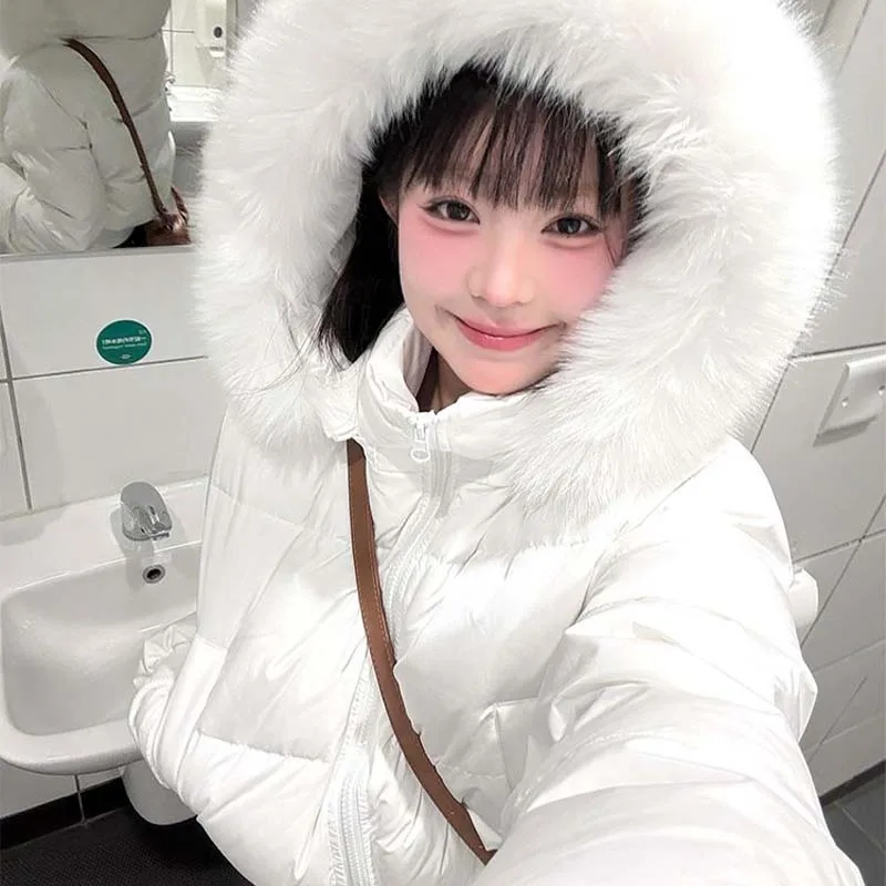 

Корейская мода, белый меховой воротник, утепленная короткая куртка с капюшоном на талии, зимнее теплое хлопковое пальто для девочек, женская модная куртка на молнии, топы