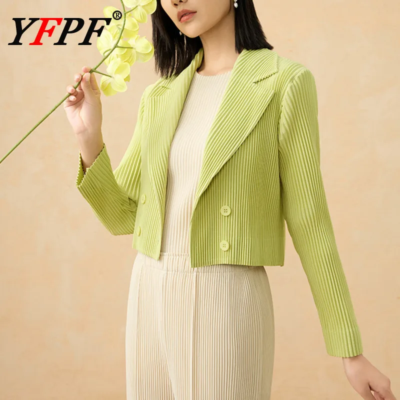 

YFPF 2025 Autumn New Women Short Jacket Miyake Pleated Lapel Double Button Solid Color Short Coat Office Lady Clothing