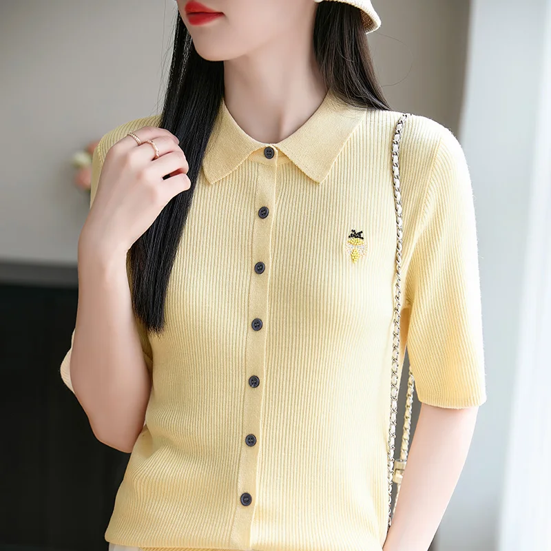 

Summer New Lapel Worsted Wool Knitted Cardigan Women's Short Sleeve Slim Joker Embroidered Top T-shirt