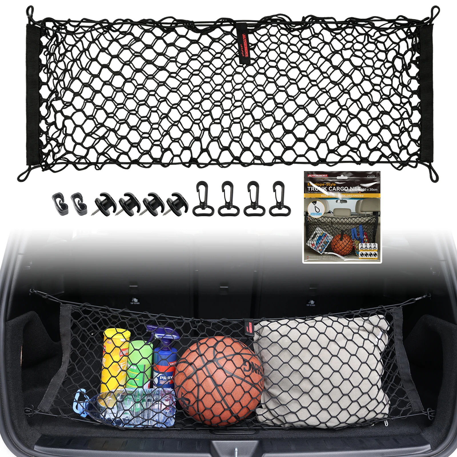 Dual-Layer Nylon Trunk Cargo Net Organizer w/ Hook Envelope Style Storage Mesh for Car SUV Truck (35''x12'')