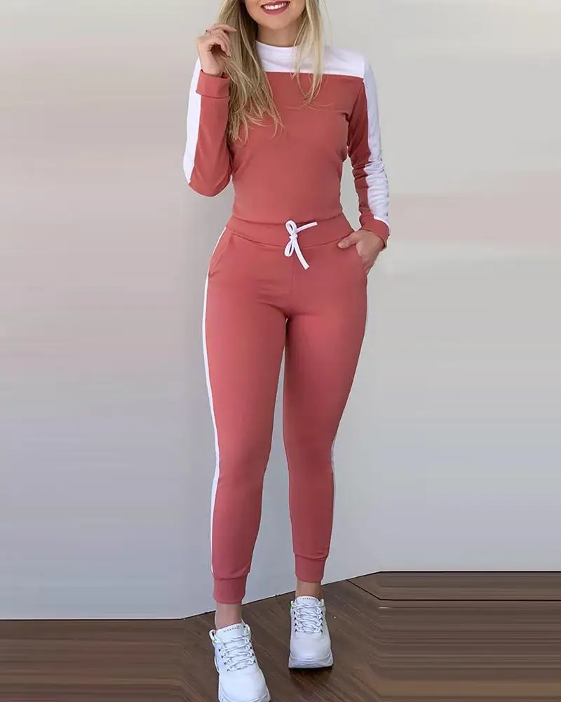 

Women's Two Pieces Set 2024 Spring New Color Blocked Round Neck Long Sleeved Top & High Waisted Pocket Casual Sports Pants Set