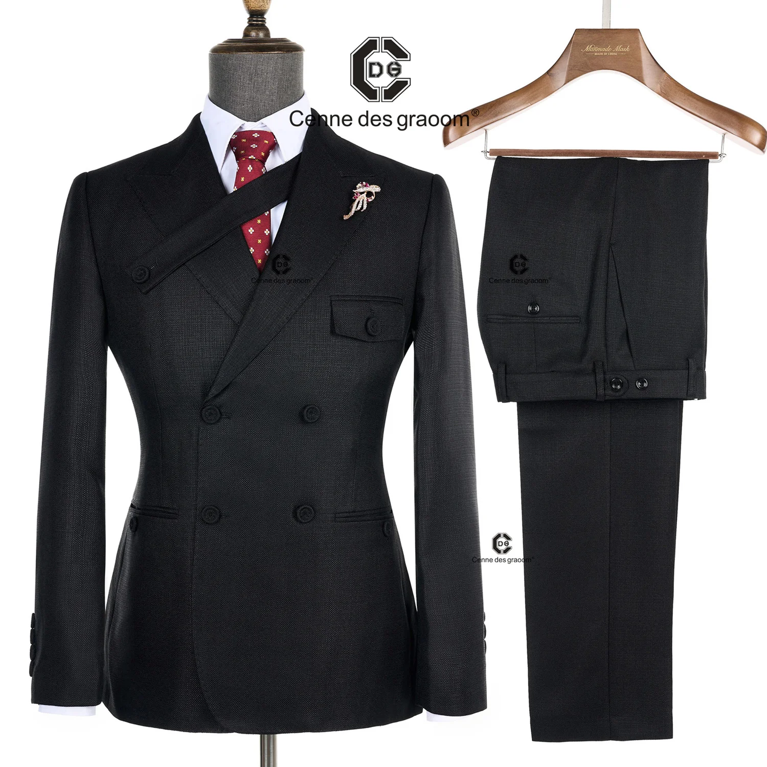 Cenne Des Graoom 2024 New Elegant Man Suits Double Breasted Hand Sewn Buttons 2 Pieces Set High Quality Slim Fit Wedding Party