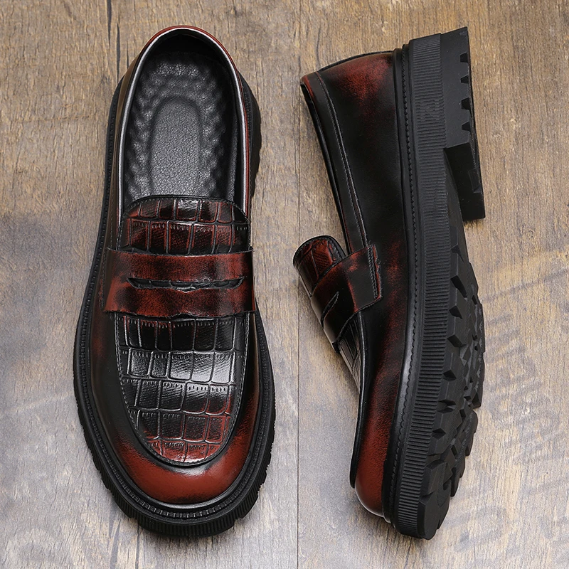 

Wine Red Thick Soled Leather Shoes Casual Shoes Fashion Design Loafers Mens Comfortable Slip on Brand Moccasins Driving Footwear