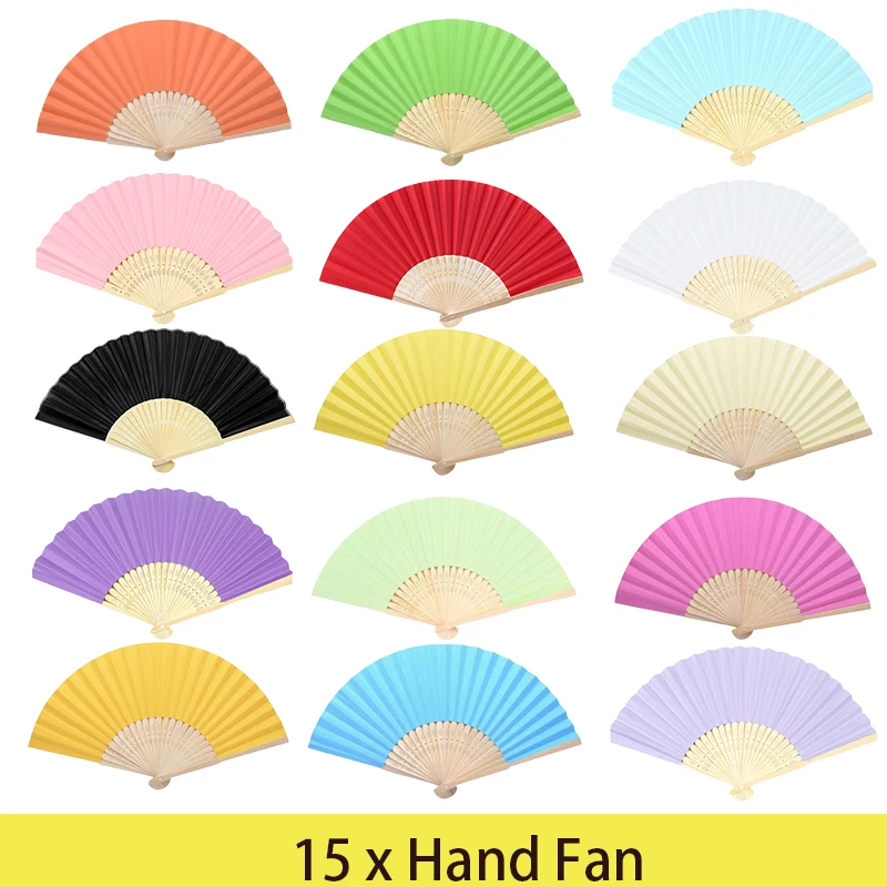 

15Pcs Diy Paper Hand Held Fan Folding Paper Fan Tradition Chinese Folding Fan for Dance Wedding Party Folding Solid Fans