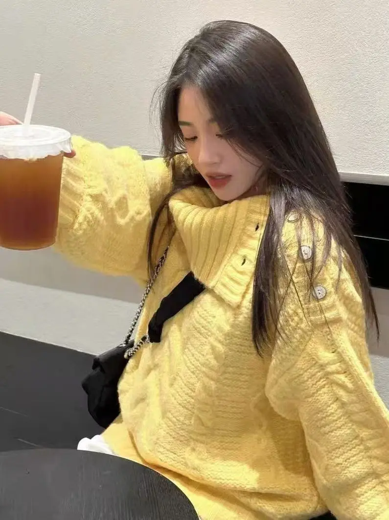 فضفاضة تناسب عالية Ne الأصفر تويست سترة المرأة محبوك الأعلى العصرية الخريف الشتاء جديد وصول مريحة لينة طويلة Sve