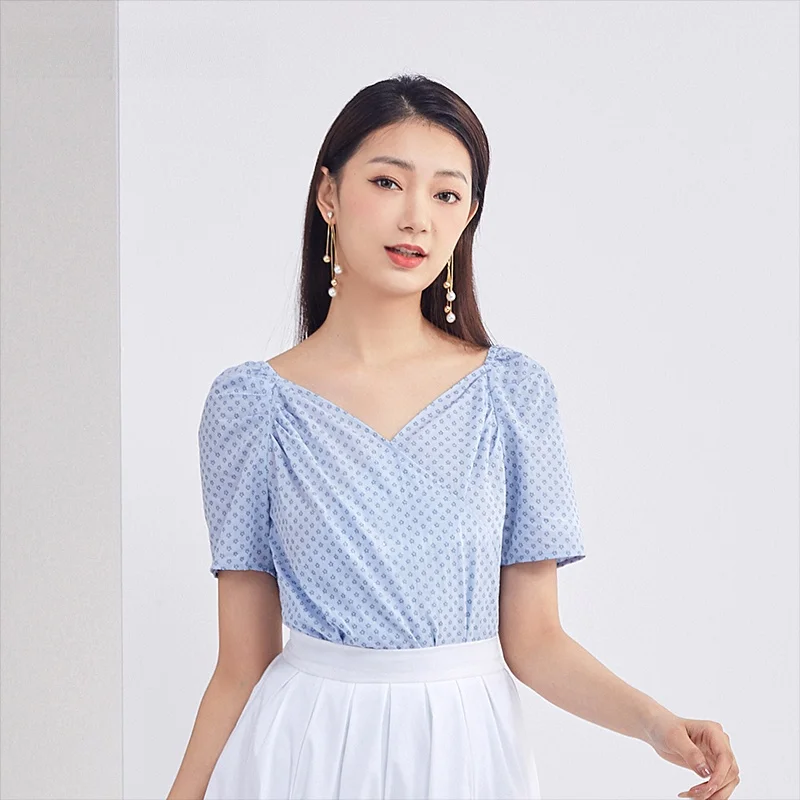 

Новинка лета от Dailanzhi: Светло-голубая свободная женская блузка с V-образным вырезом и коротким рукавом, повседневный деловой стиль, прямой крой