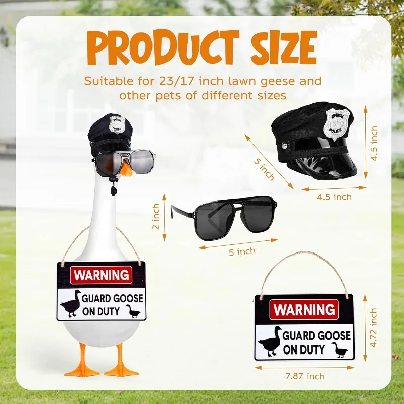 Police Officer Goose Outfit Set with Cop Hat, Sunglasses And 'Guard Goose on Duty' Sign, Fits 23 Inch Porch Goose Statue, Funny Yard Decor view 2