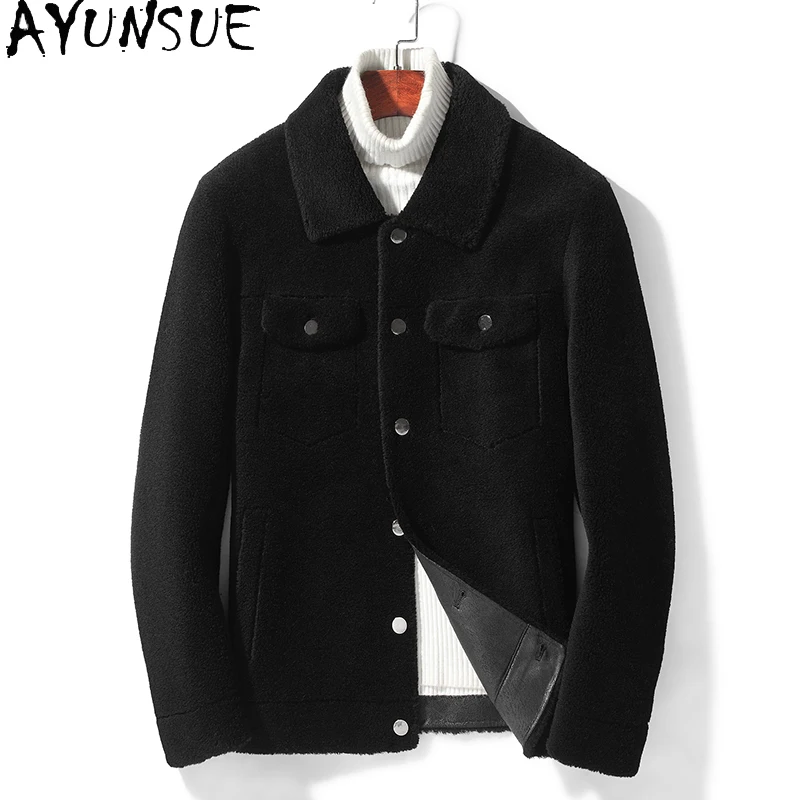 AYUNSUE Moda 100% Cappotti di Lana per Uomo Inverno Breve Tosatura Delle Pecore Giacca Uomo Casual Granulare Cappotto di Lana di Agnello Giubbotti Outwears