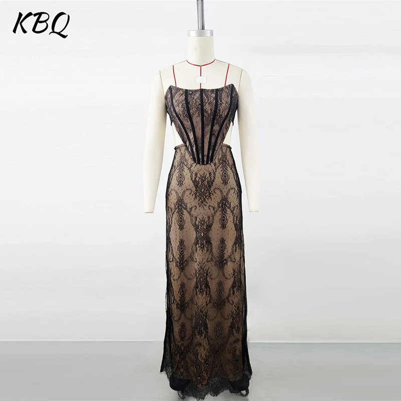 

KBQ Solid Lece Two Piece Sets for Women Strapless Sleeveless Backless Tops High Waist Long Skirts Chic Set Female Fashion New