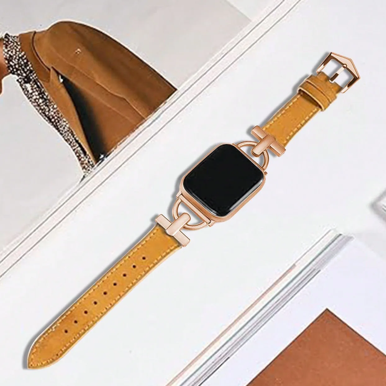 Suitable for Apple watch ultra21ses987654321 series 38404142444549mm rose gold metal D-shaped decoration brown soft leather band