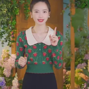 Pulôver Jacquard de manga comprida feminino, Tops de malha, Colarinho Peter Pan, Morango Verde, Jacquard, Jumper de Malha, Outono 10 principais vendas sueter gola peter pan - №1