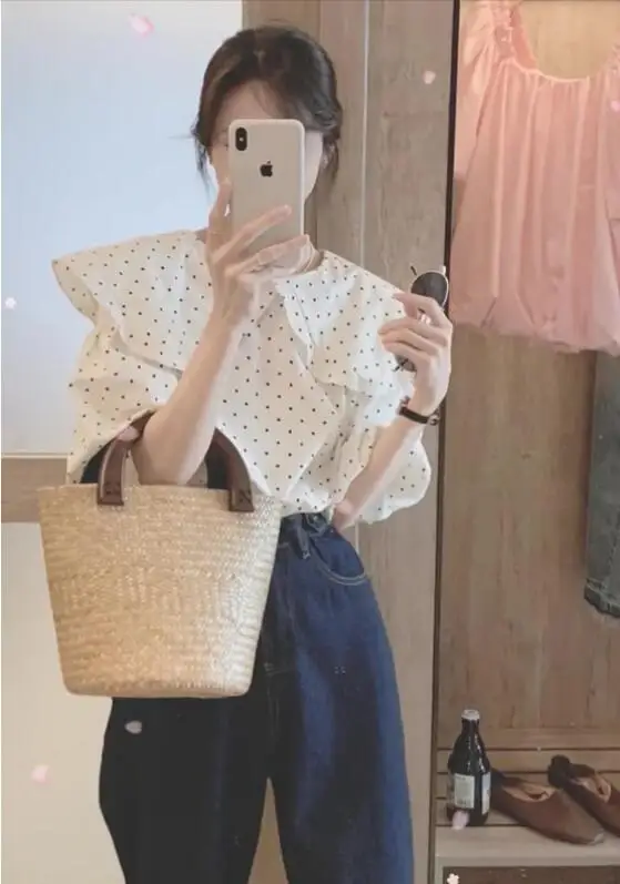 French Doll Collar Top Summer Women's Sweet Puff Sleeves Chiffon Design Niche White Polka Dot Short-Sleeved Shirt s362