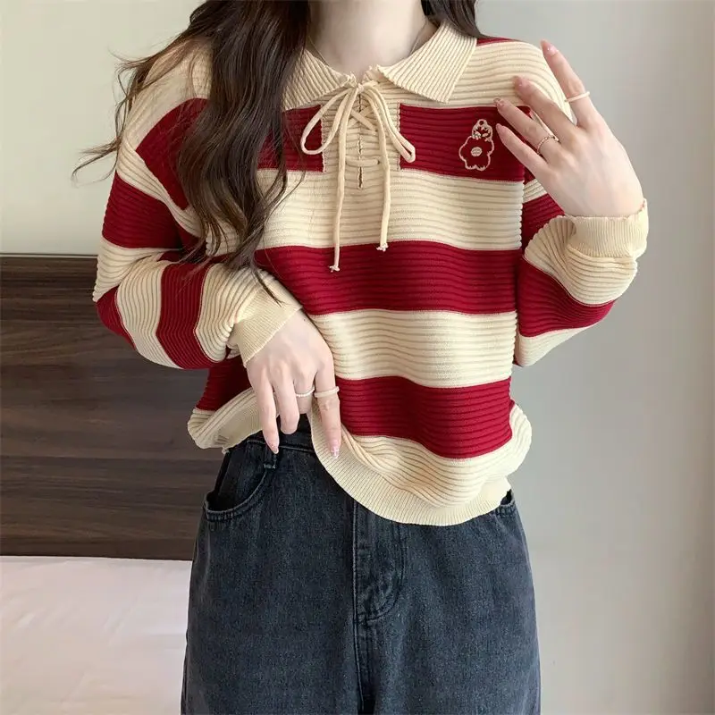 

Vintage Striped Lazy Sweaters Spring Autumn New Long Sleeve Polo Neck Loose Contrast Pullovers Top Sweet Fashion Women Clothing