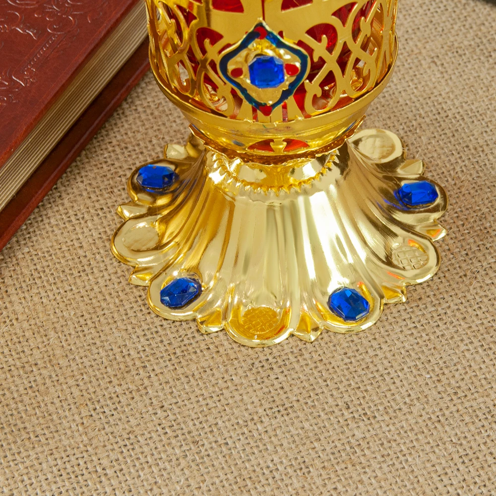 Liturgical Orthodox Gold Hollow Cutout Votive Candle Holder Color Rhinestone Ornament Red Glass Cup For Home Icon Altar Chapel P