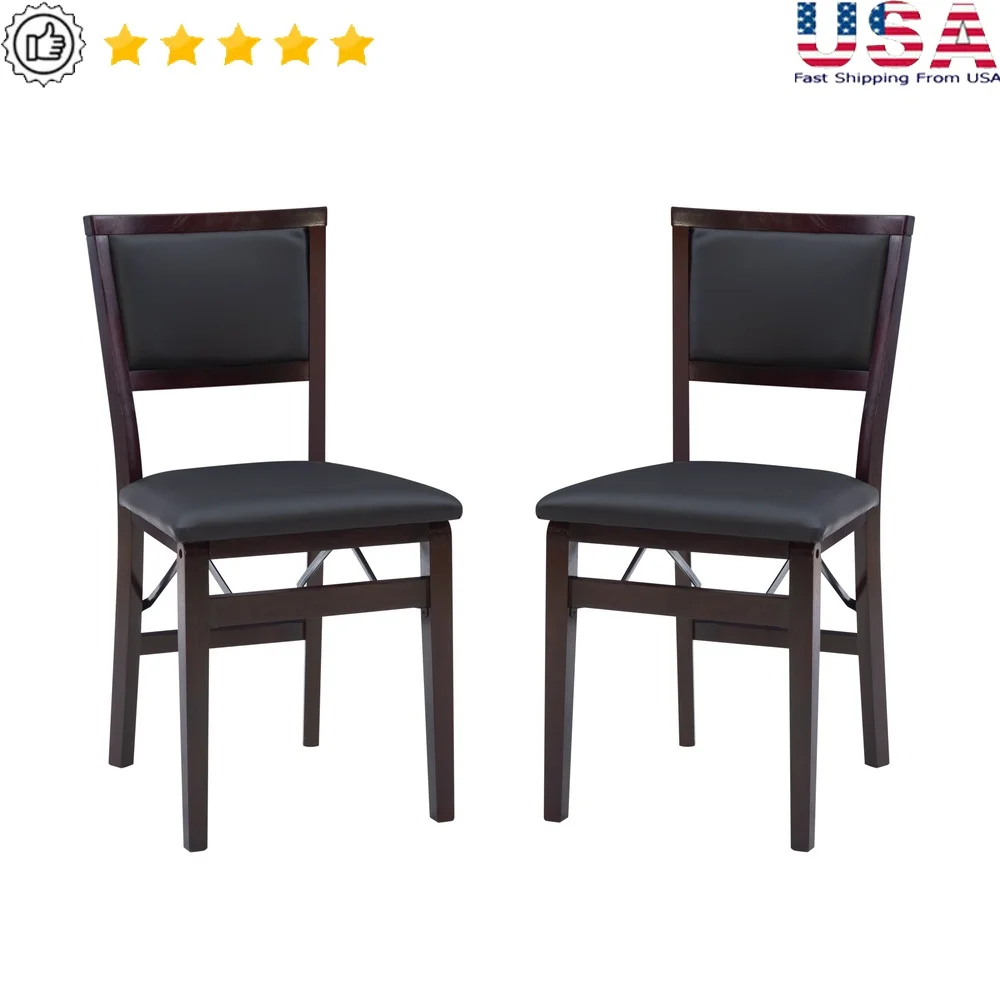 

Set of 2 Folding Chairs Dark Brown Faux Leather Padded Seat Merlot Wood Frame Indoor Use Space Saving Design