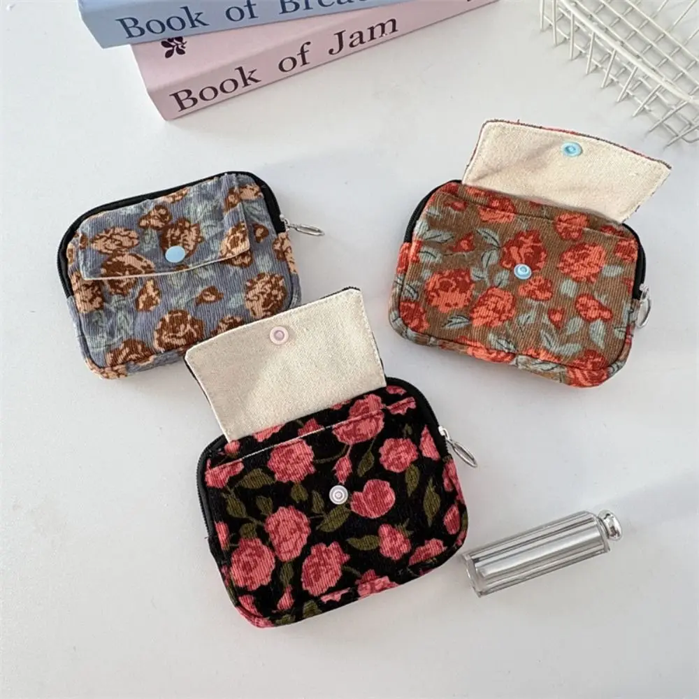 Portable Leopard Print Corduroy Printed Storage Bag Bow Polka Dot Earphone Bag Flower Korean Style Ethnic Style Coin Purse Women