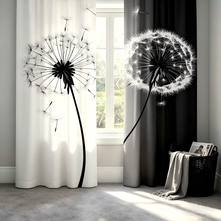 2PCS Digital Print  Curtain, Black White Gradient Dandelion, Modern Home Decor  Curtain for Bedroom Living Room