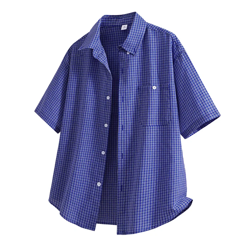 Blue Plaid Shirt Men 2026 Summer Korean Fashion Chemise Homme Men's Checkered Shirts New Button Up Short Sleeve Shirt Man Blouse