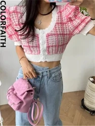 Colorfaith SWC5413JX New 2023 Checkered Korean Fashion Knitting Cardigans Women Sweet Spring Summer Elegant Chic Lady Short Tops