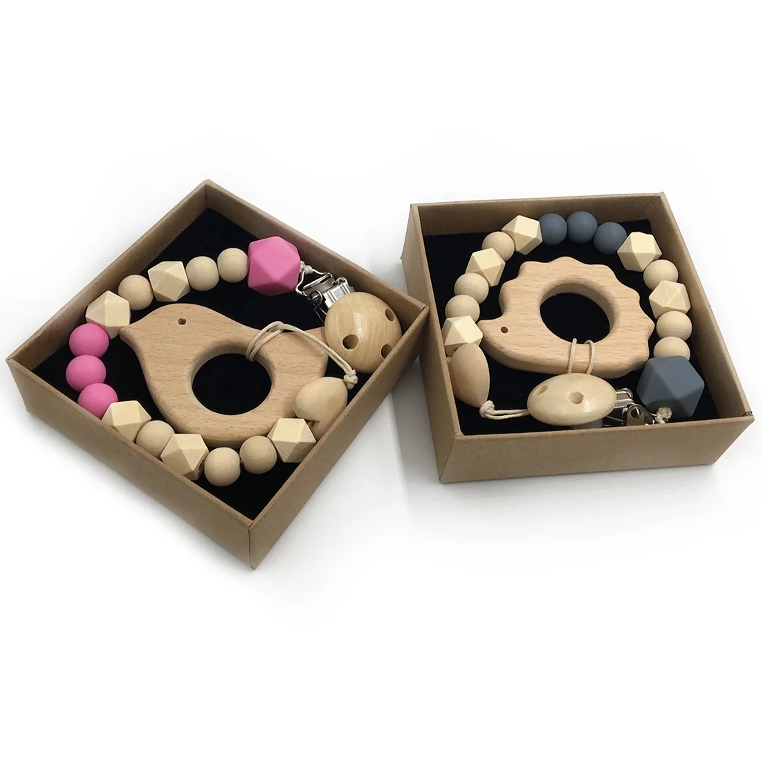 ABCPICK 2pc Organic Wooden Animal Grasping Toy Silicone Bead Toddler DIY Pacifier Chain Jewelry Making Handmade Accessories