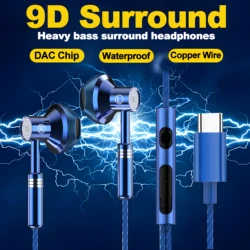 Waterproof DAC 9D HiFi Stereo Bass Earbuds Sports Type C 3.5MM Wired Headphone With Mic Headset for Samsung S24 iPhone 15 Xiaomi