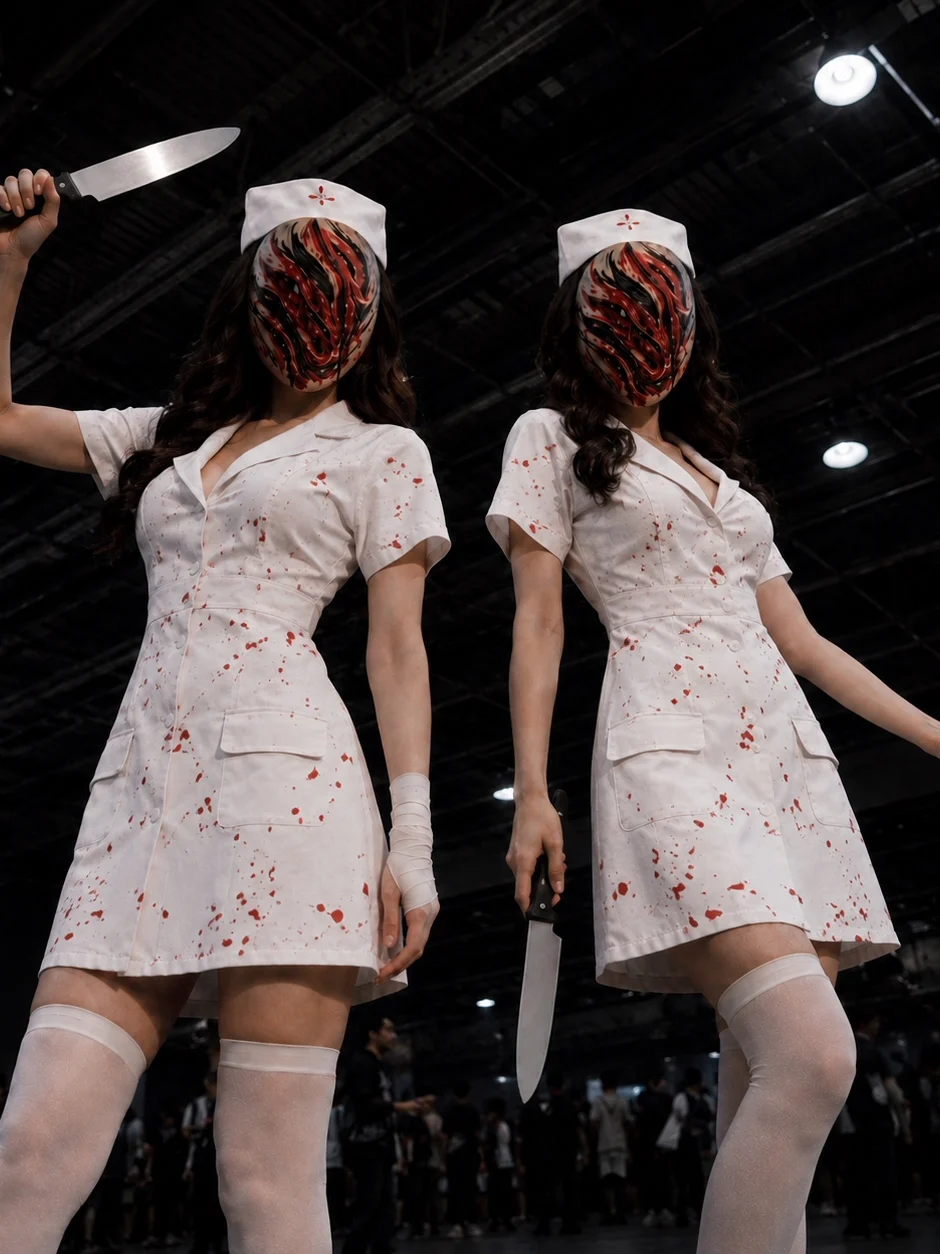 Halloween Silent Hill Terror Nurse COS Costume Women's White Bloodstained Dress with Knife Mask Adult Women's Clothes