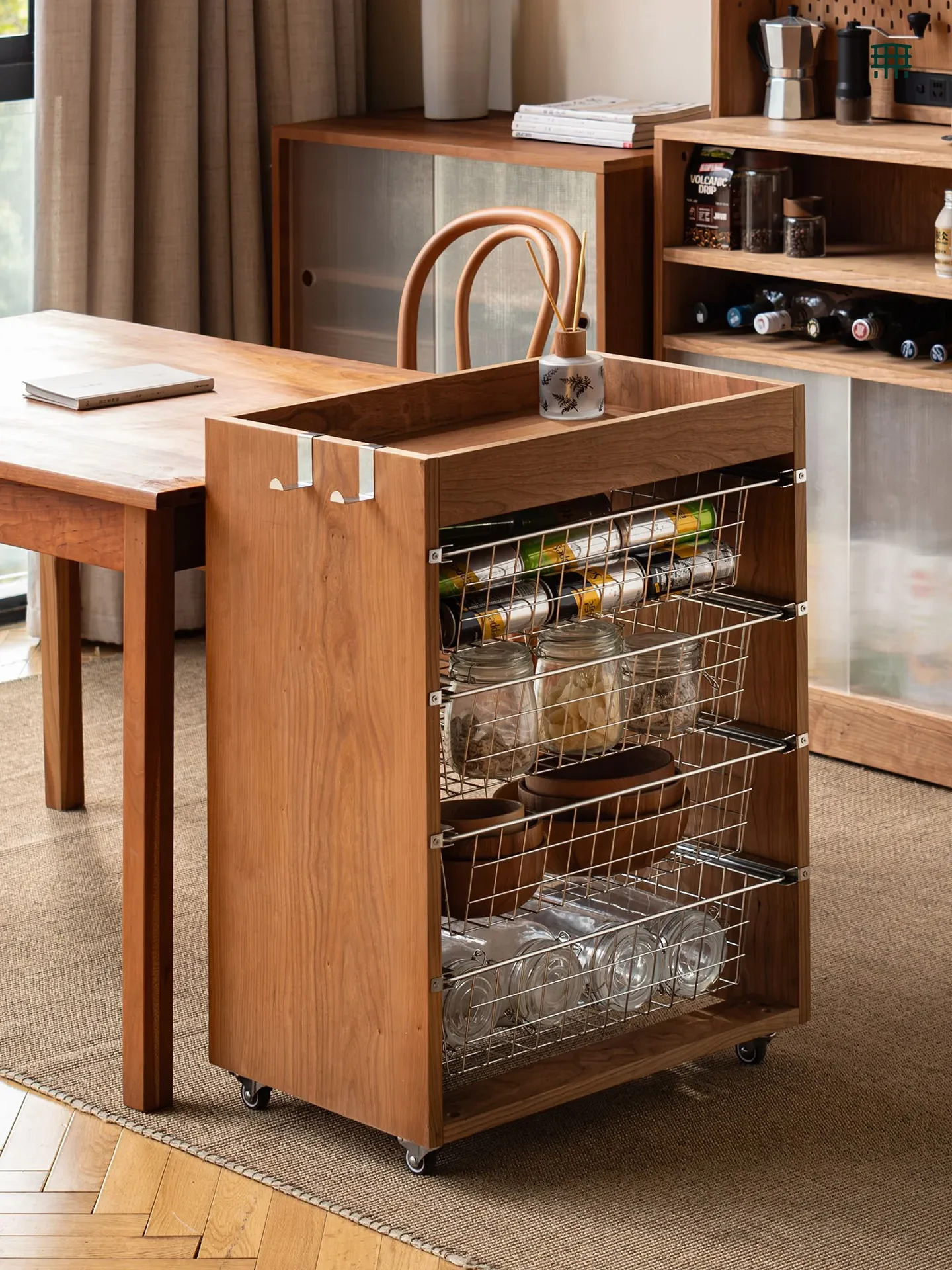 - Solid Wood Stainless Steel Pull Basket Cabinet Dining Room Living Room Mobile Side Multi-layer Cabinet Floor BedsideN8