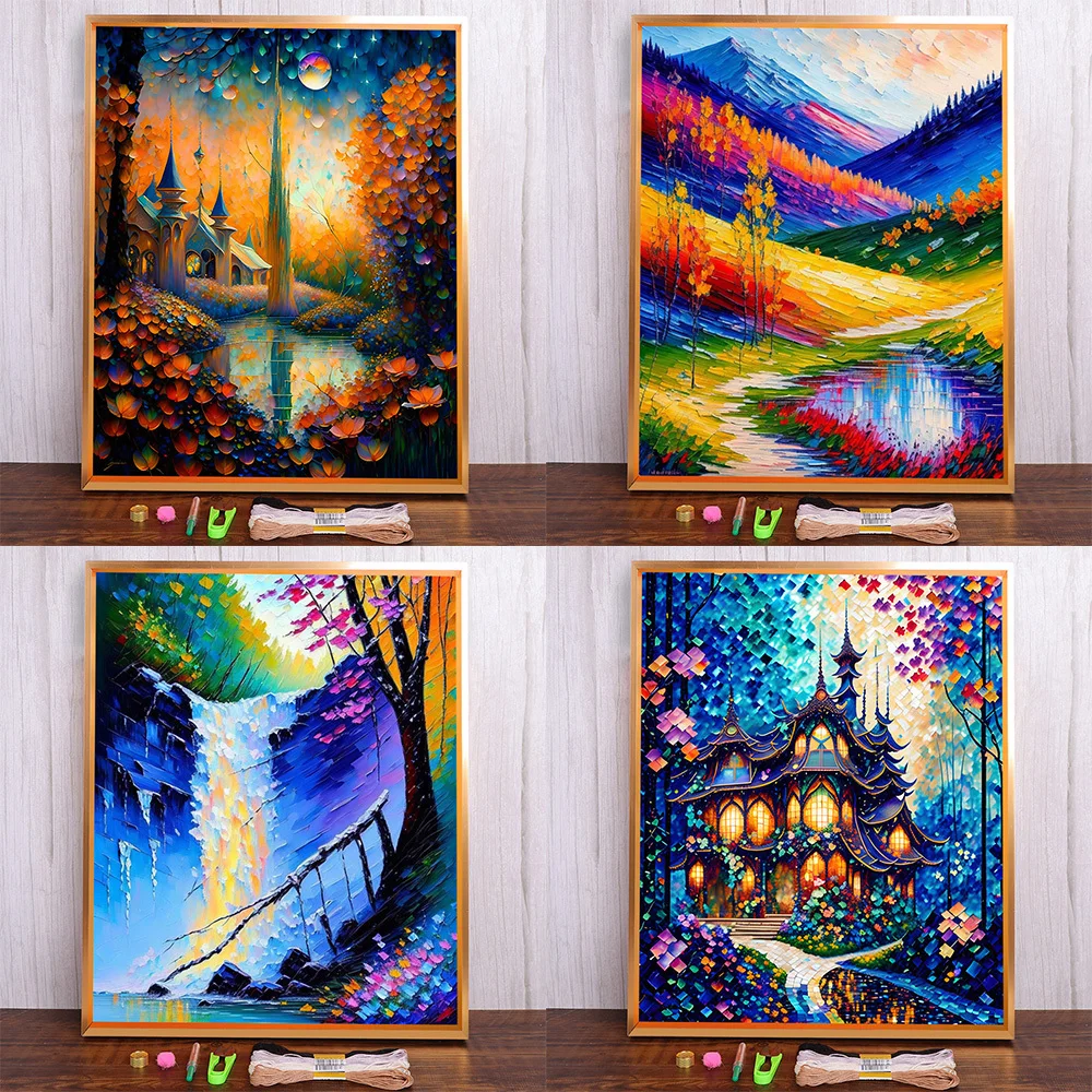 Landscape Oil Painting Printed Fabric Cross-Stitch Complete Kit Embroidery Hobby Painting Handmade Handicraft Floss Design Gift