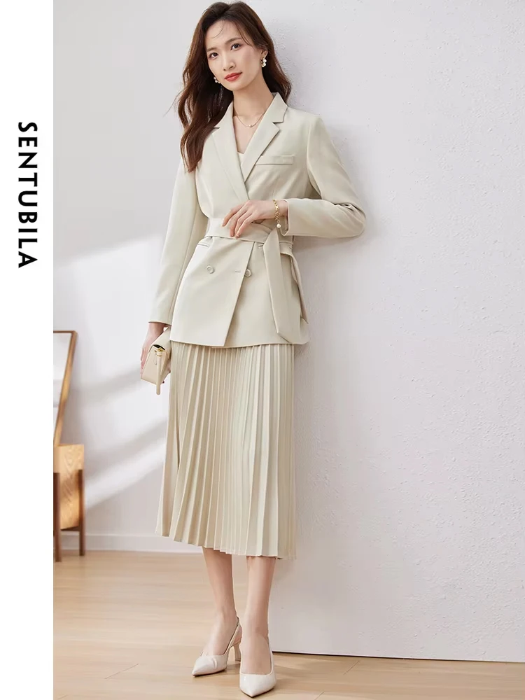 SENTUBILA Blazer and Skirt Set Women 2 Pieces Elegant Outfits Belted Suit Jacket Elastic Pleated Skirts Matching Set 133Z49061