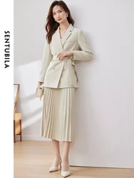 SENTUBILA Blazer and Skirt Set Women 2 Pieces Elegant Outfits Belted Suit Jacket Elastic Pleated Skirts Matching Set 133Z49061