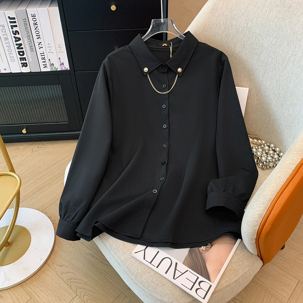 Women\'s plus size autumn casual solid color shirt classic commuter top metal chain decoration 2024 new professional clothing