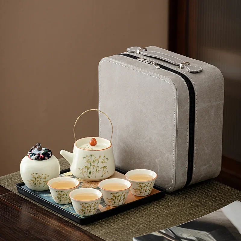 Retro Ru Kiln Tea Set with Golden Silk and Bamboo Rhyme for Home, Light Luxury High-end Office Tea Making Souvenir for Guests